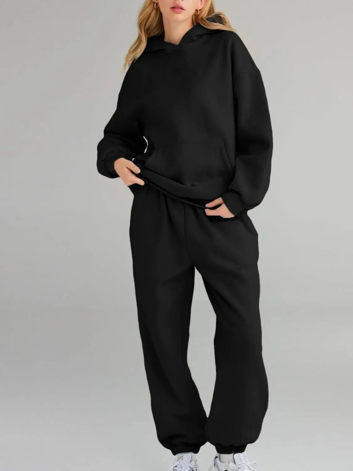 Sarah Express Women's Kangaroo Pocket Hoodie and Joggers Set Plus Size Black