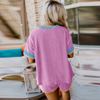 Women's Color Block Two Piece Set Three Quarter Sleeve Top Shorts Casual Suit