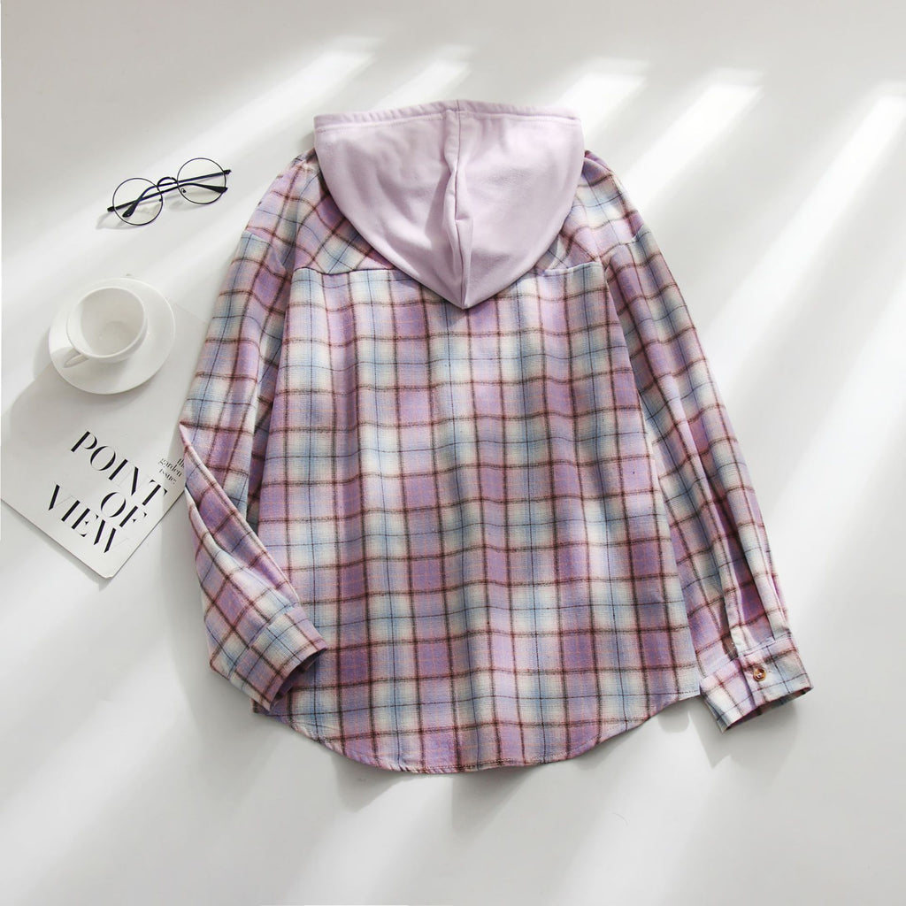 Women's Plaid Hooded Shirt Jacket Casual Loose Fit Pullover Top