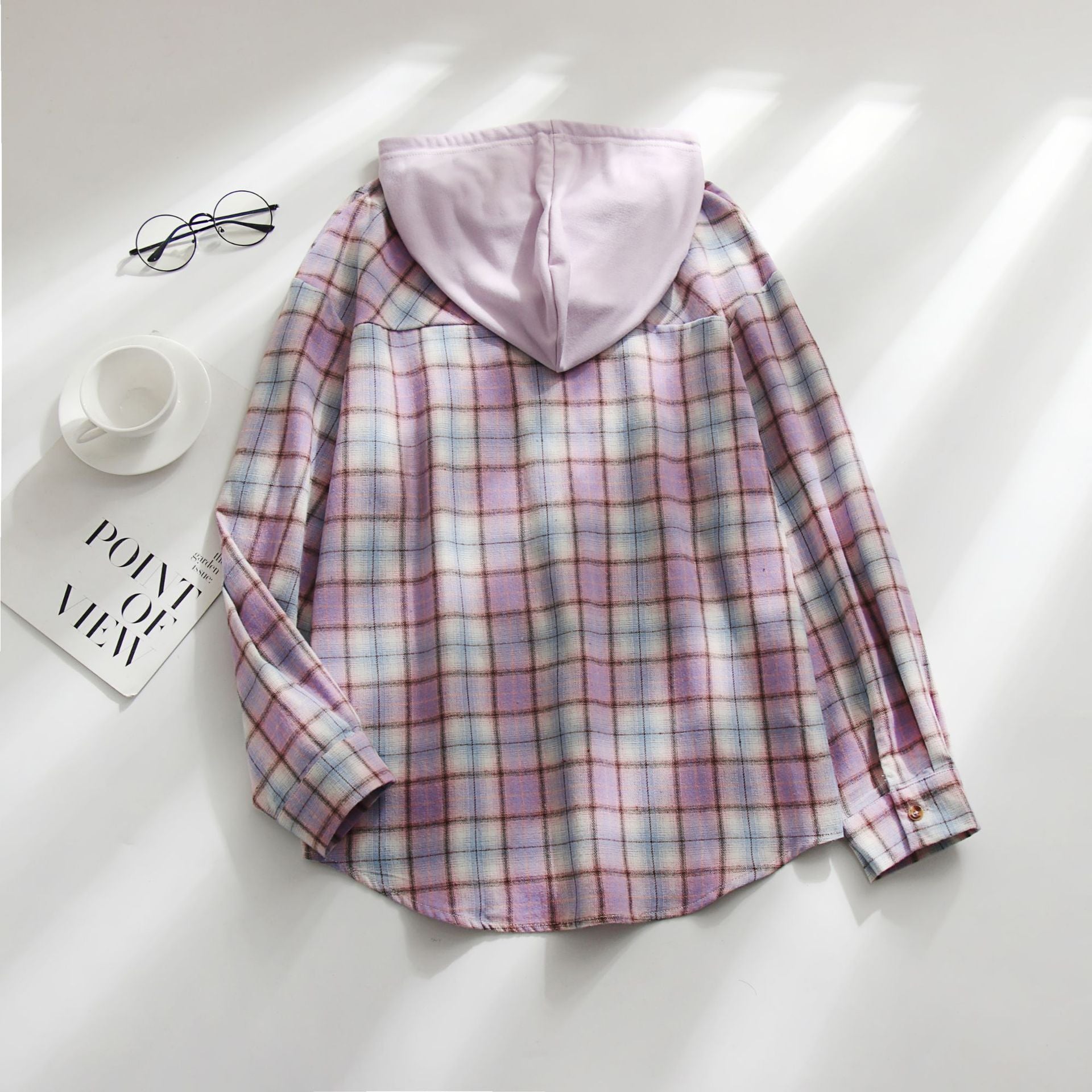 Women's Plaid Hooded Shirt Jacket Casual Loose Fit Pullover Top