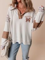Sarah Express Women's Game Day Bow Embroidered Leopard Color Block Patchwork Top