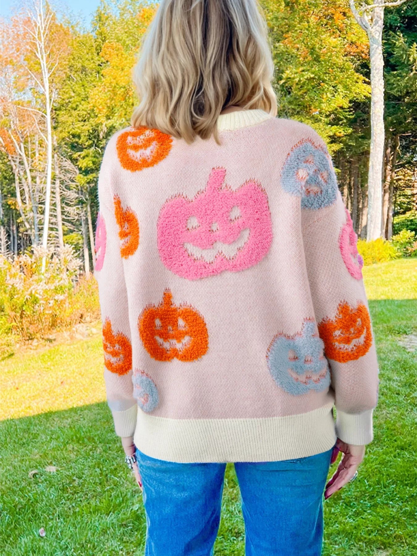 Sarah Express Women's Halloween Cute Pumpkin Pattern Sweater - Dusty Pink