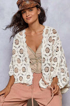 Sarah Express Women’s Openwork Chenille Cardigan with Floral Contrast V-Neck