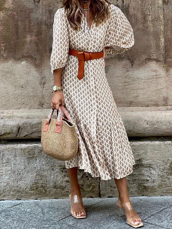 Floral V-Neck Puff Sleeve Maxi Dress A-Line