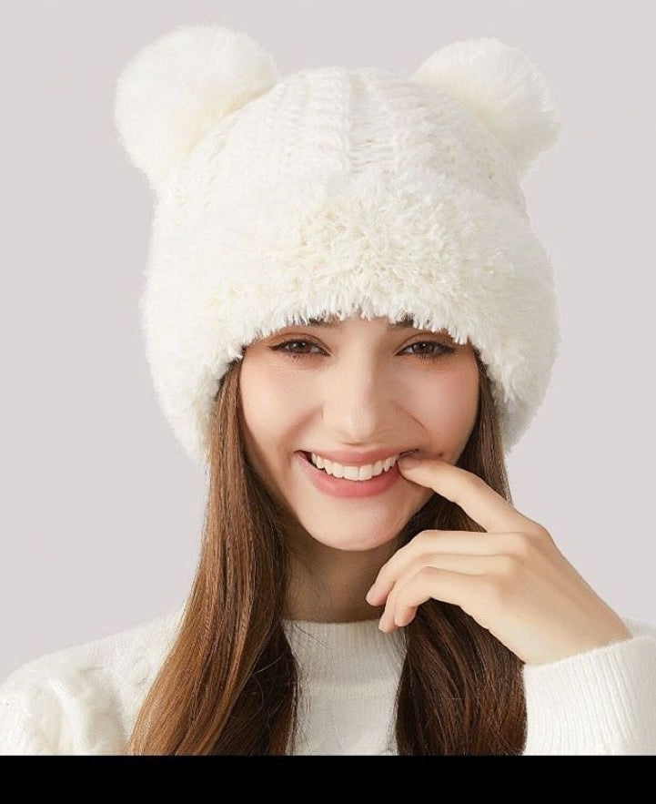 Sarah Express Women's Double Pom-Pom Knitted Winter Hat Fur Ball Dome Crown Windproof