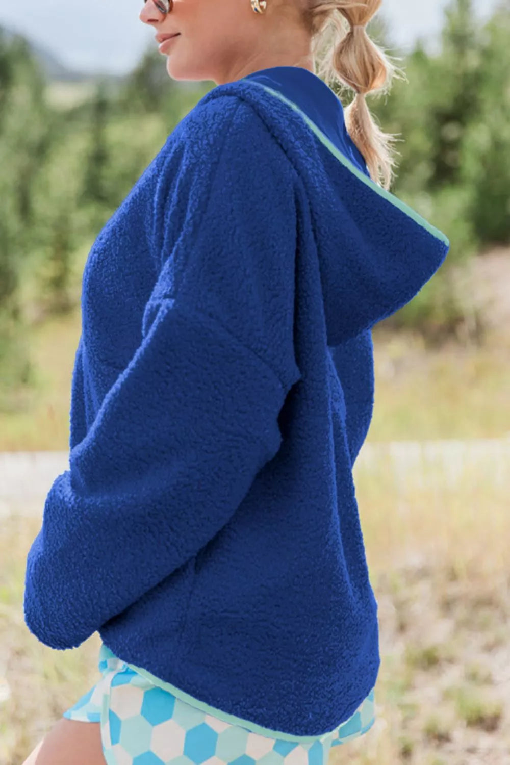 Sarah Express Women's Sherpa Quarter-Zip Dropped Shoulder Hoodie