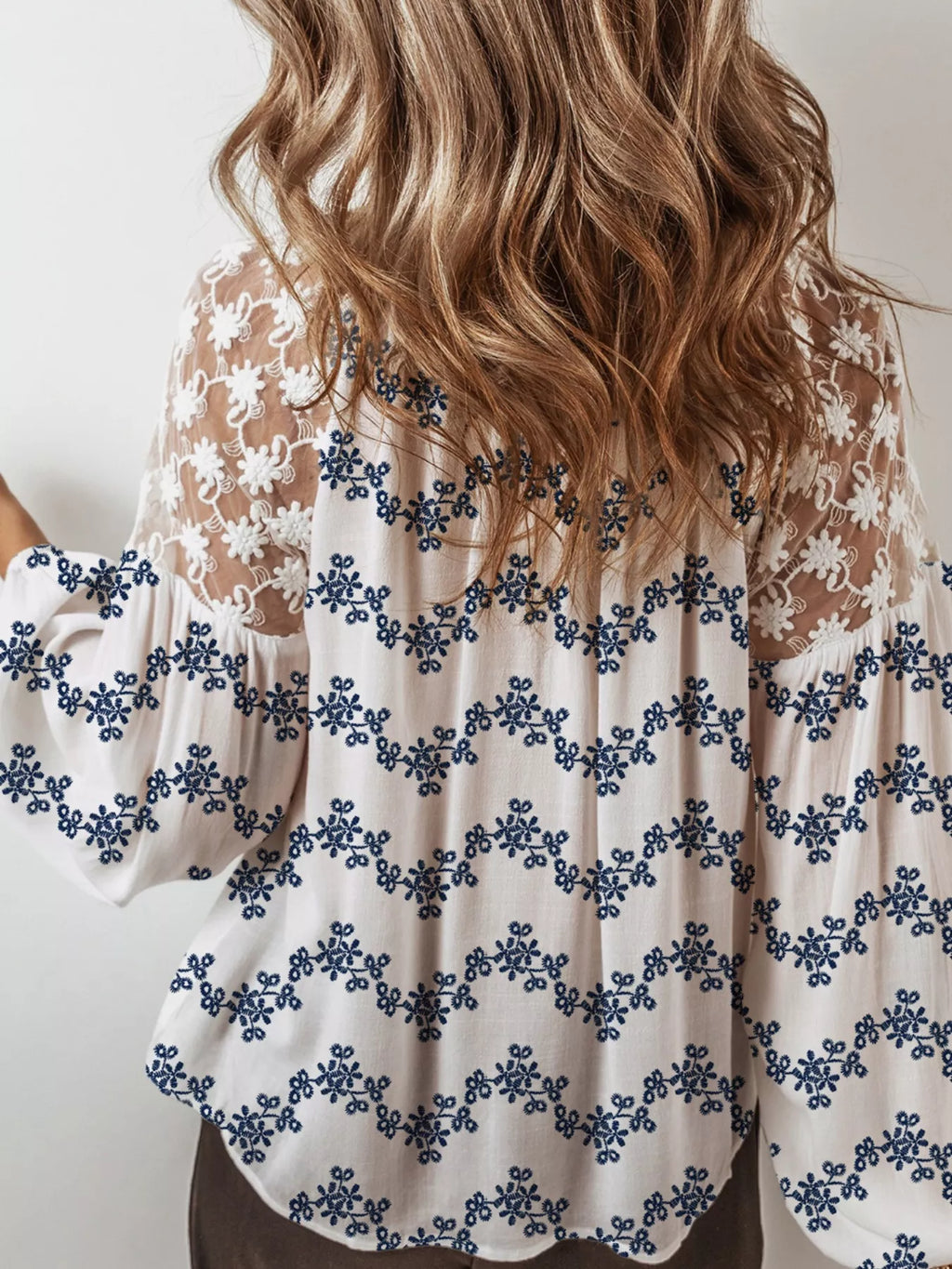 Sarah Express Women's Printed Tie Neck Lace Long Sleeve Blouse