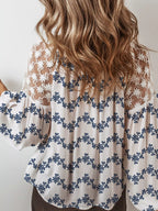 Sarah Express Women's Printed Tie Neck Lace Long Sleeve Blouse