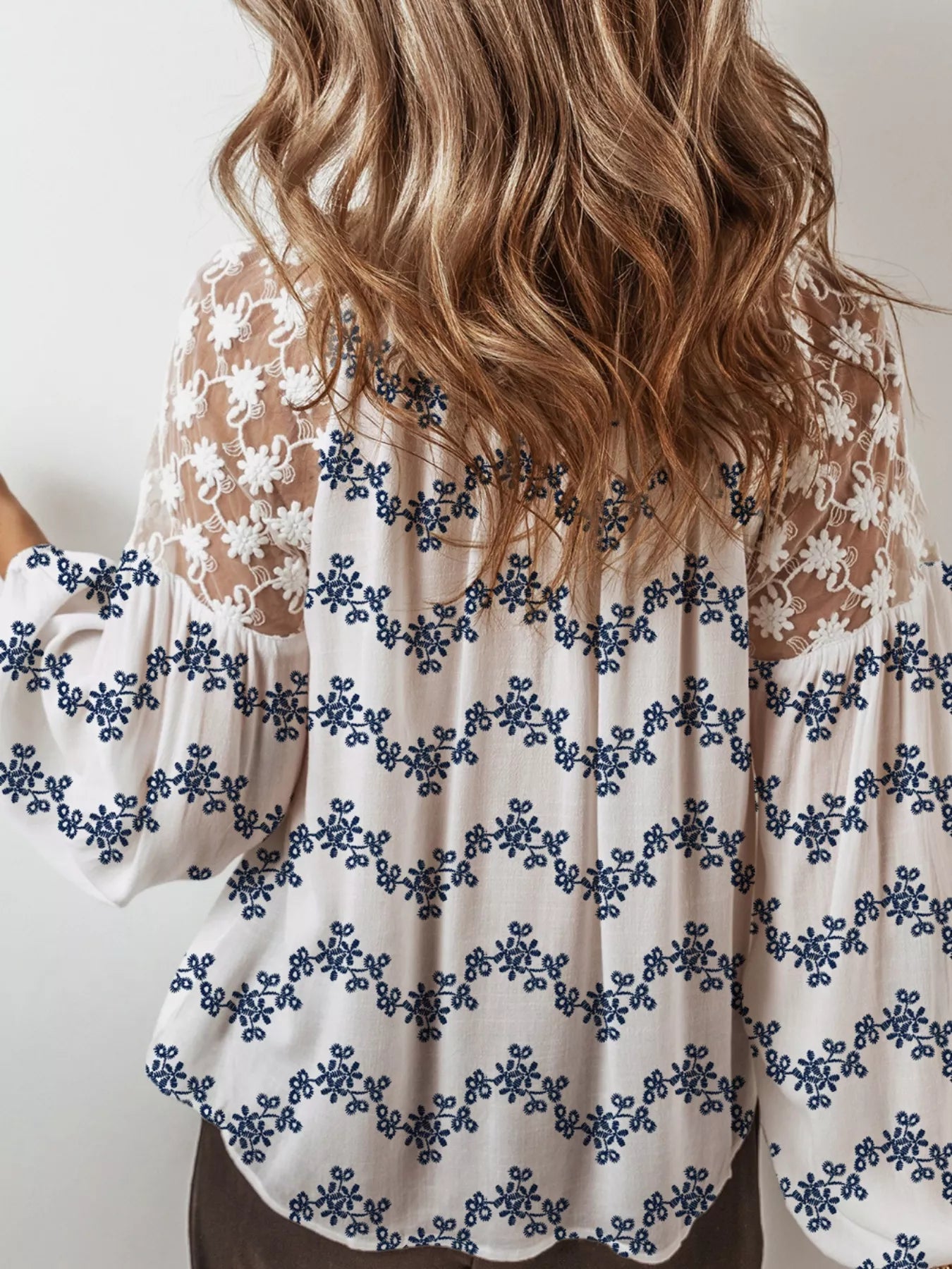 Sarah Express Women's Printed Tie Neck Lace Long Sleeve Blouse