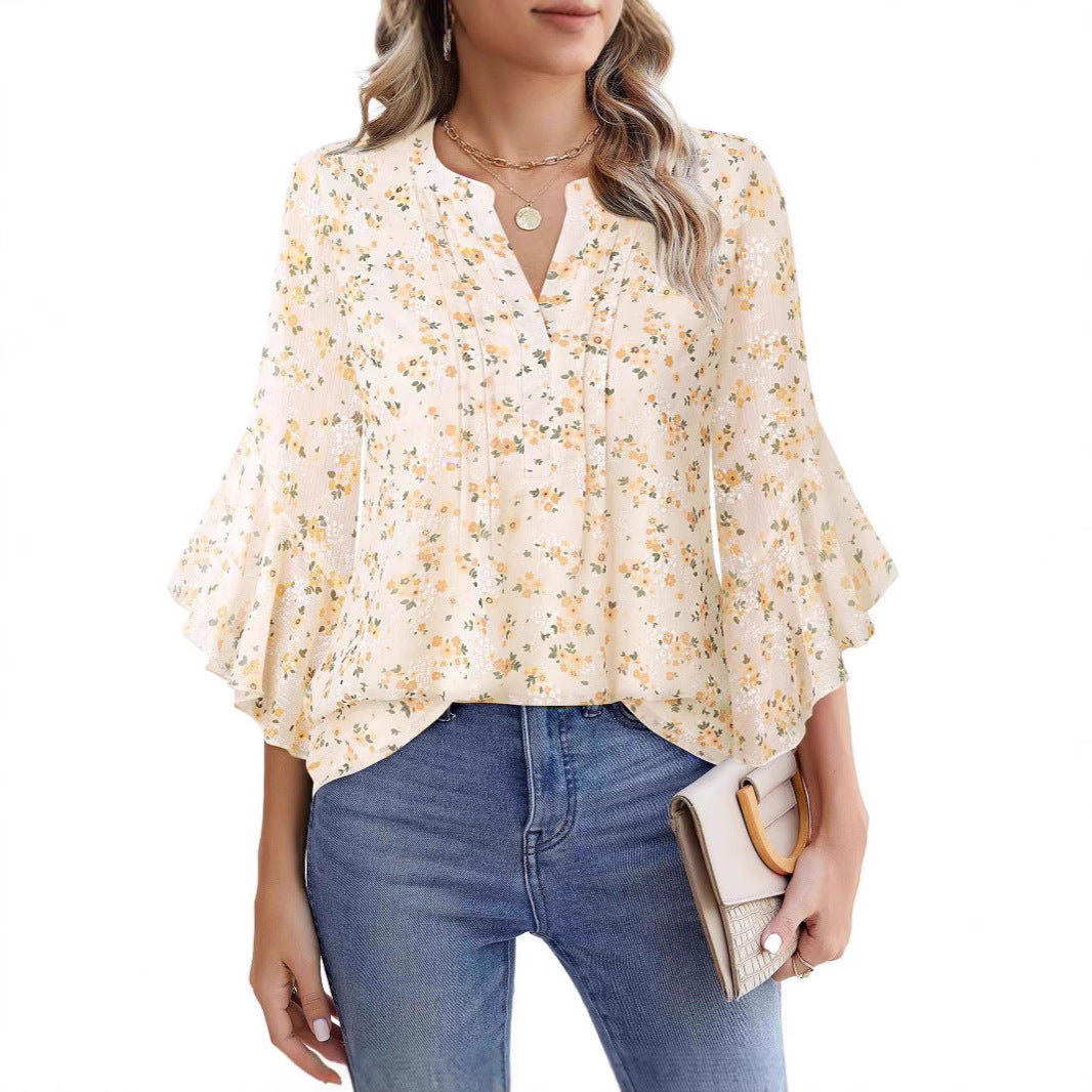 Women's Lotus Leaf Ruffle Sleeve Pullover Top Loose Fit 3/4 Sleeve