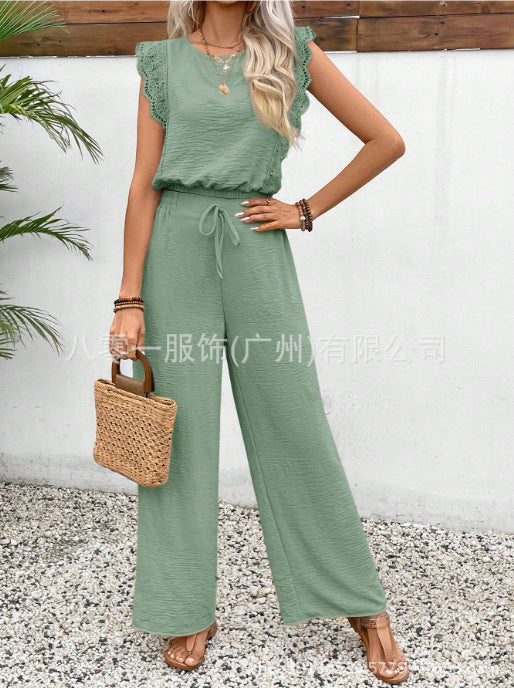 Sleeveless Vest Trousers Two Piece Set Lace Detail
