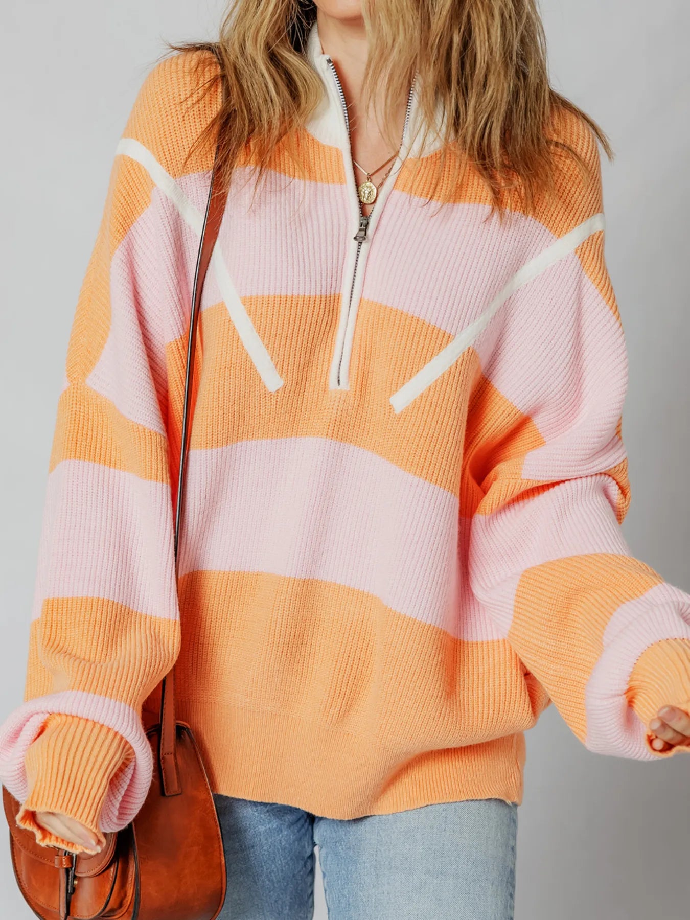 Sarah Express Women's Stripe Color Block Half Zip Oversize Sweater Sherbet