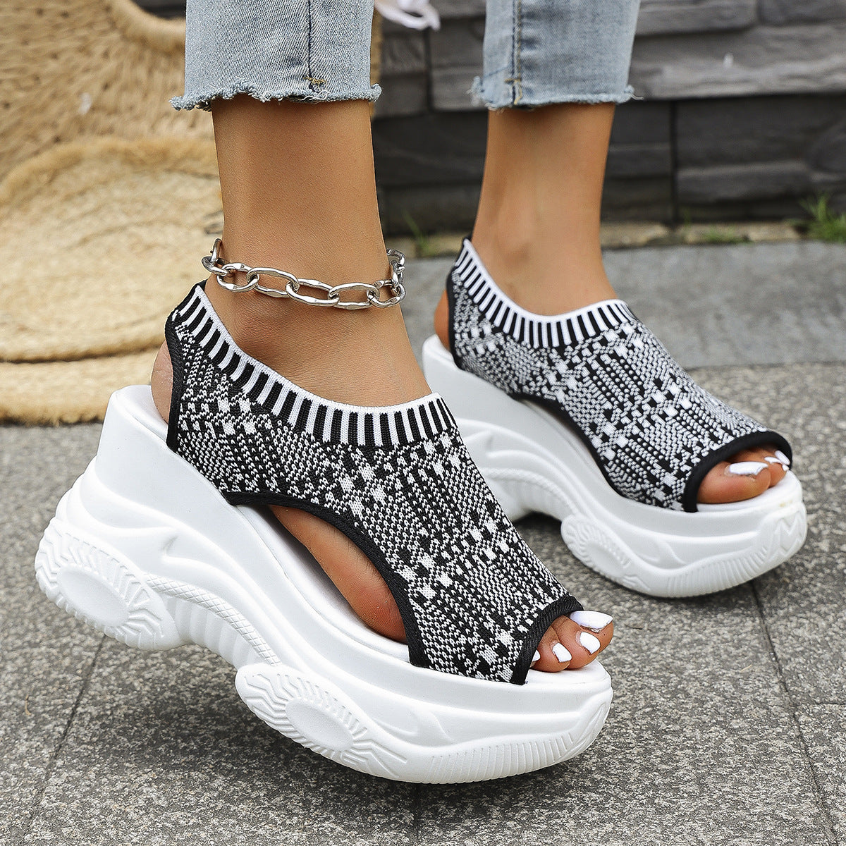 Sarah Express Women's Slip-On Flyknit Sporty Sandals | Thick-Soled Peep-Toe Mesh Sneaker Sandals