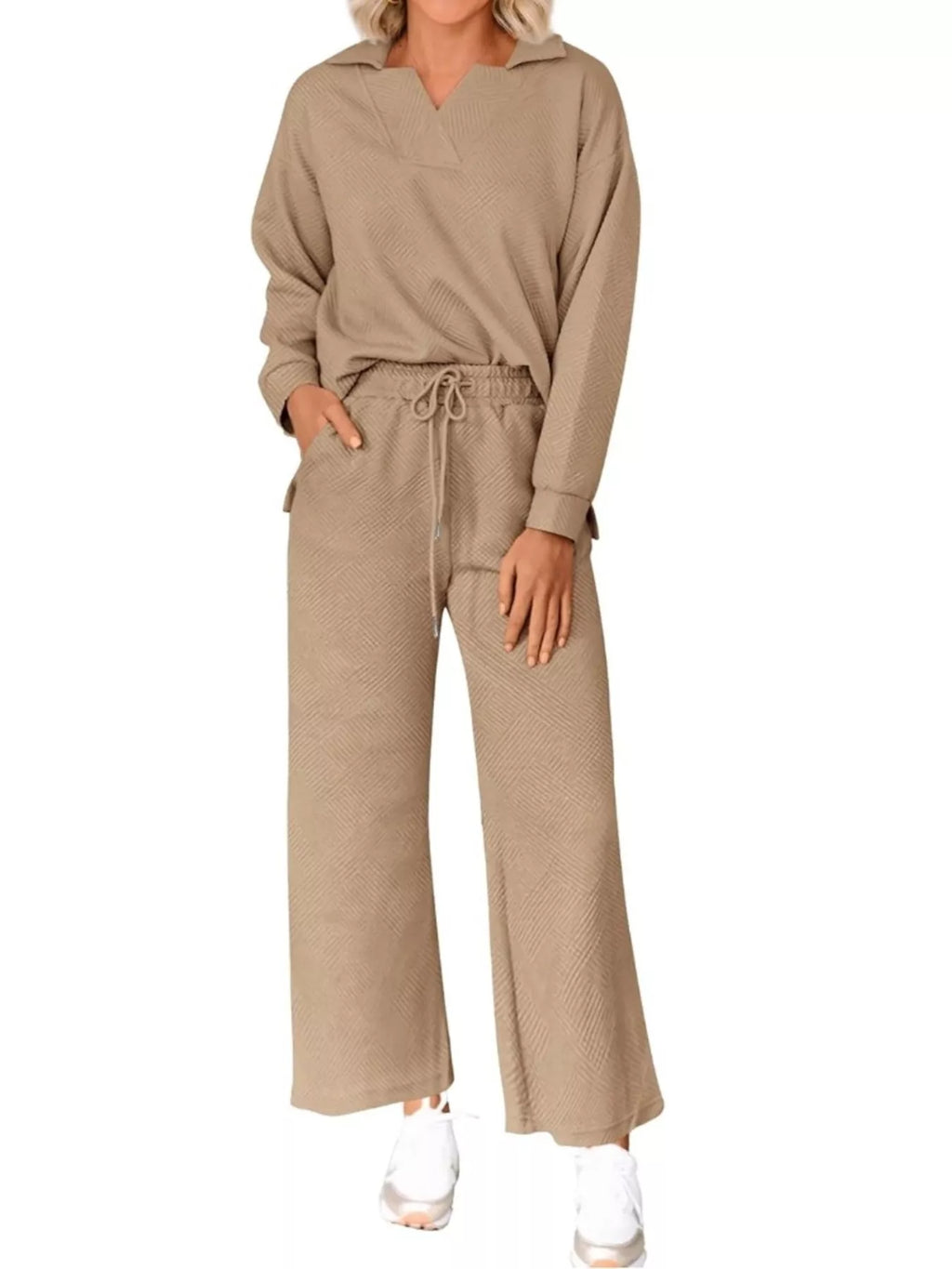 Sarah Express Women's Side Slit Textured Top and Drawstring Pants Set