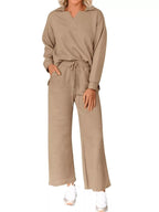 Sarah Express Women's Side Slit Textured Top and Drawstring Pants Set