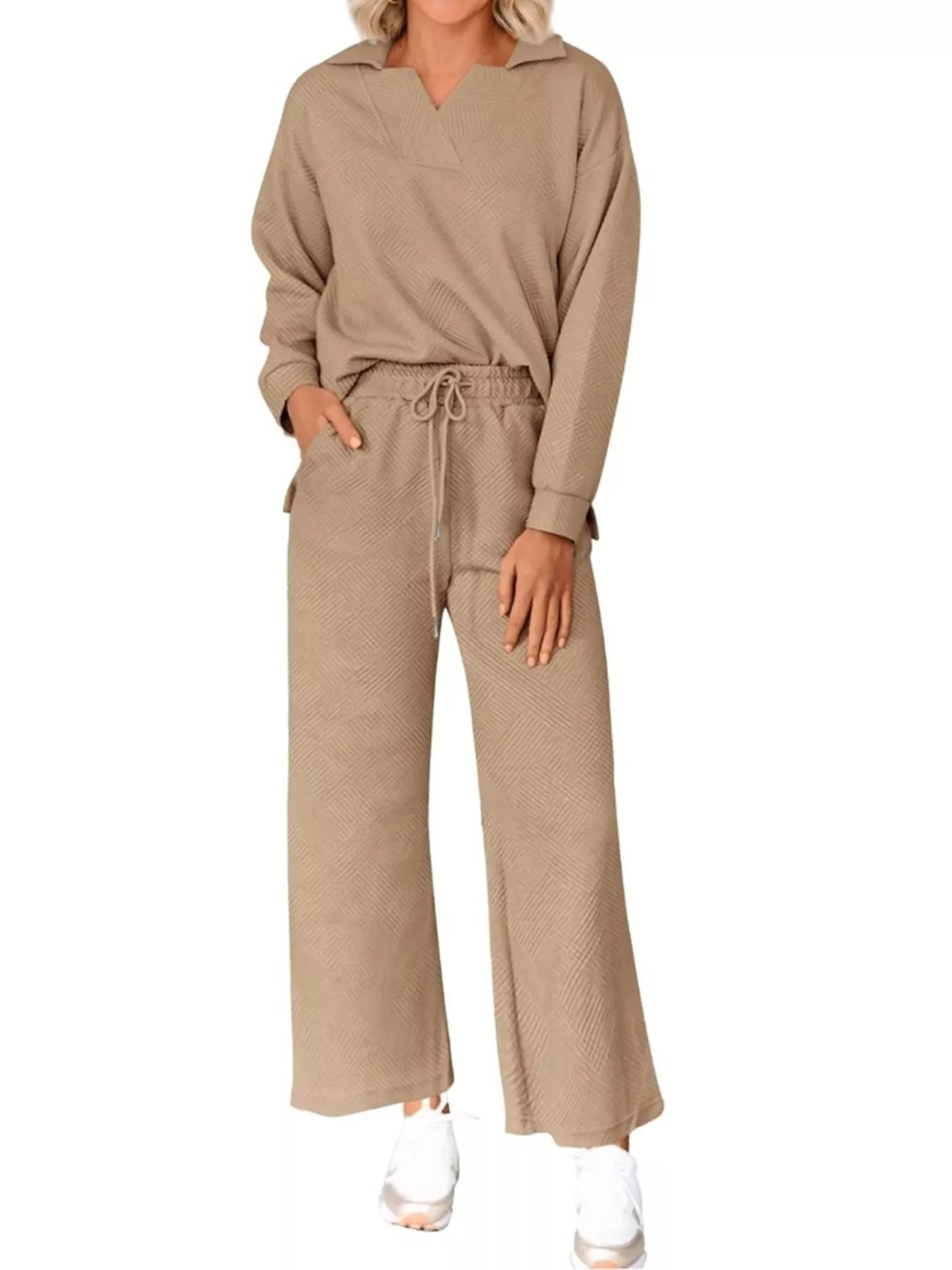 Sarah Express Women's Side Slit Textured Top and Drawstring Pants Set