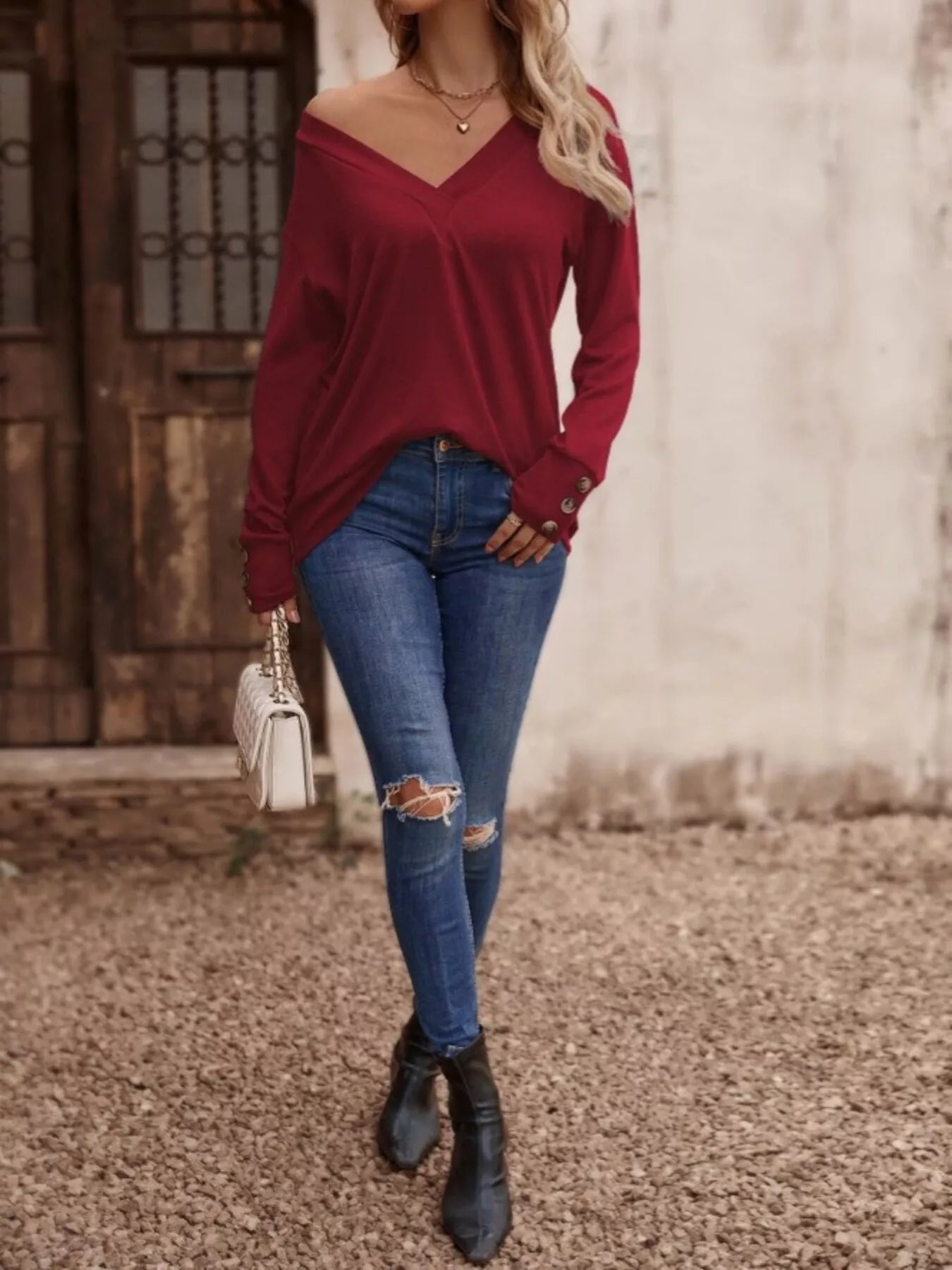 Sarah Express Women's V-Neck Long Sleeve T-Shirt - Button Detail Casual Top