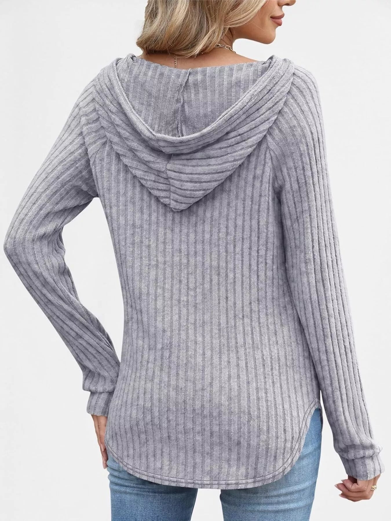 Sarah Express Women's Ribbed Knit Button Detail Hooded Top
