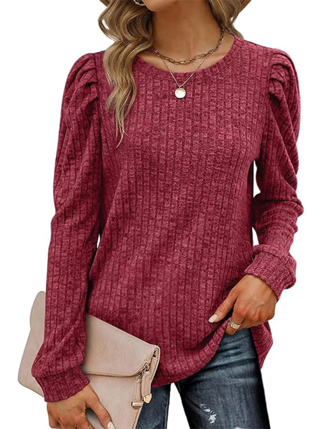 Sarah Express Women's Ribbed Knit Top with Puff Sleeves Wine Red