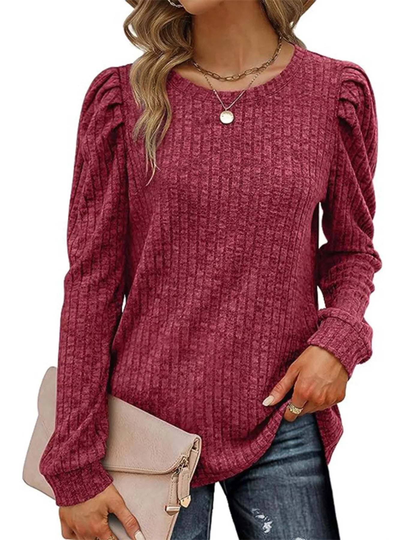 Sarah Express Women's Ribbed Knit Top with Puff Sleeves Wine Red