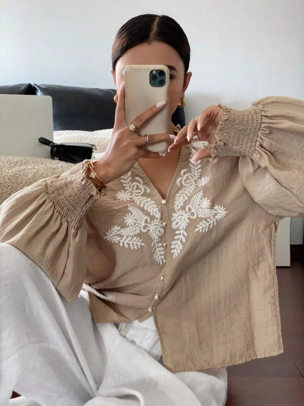 Sarah Express Women's Embroidered Long Sleeve Blouse