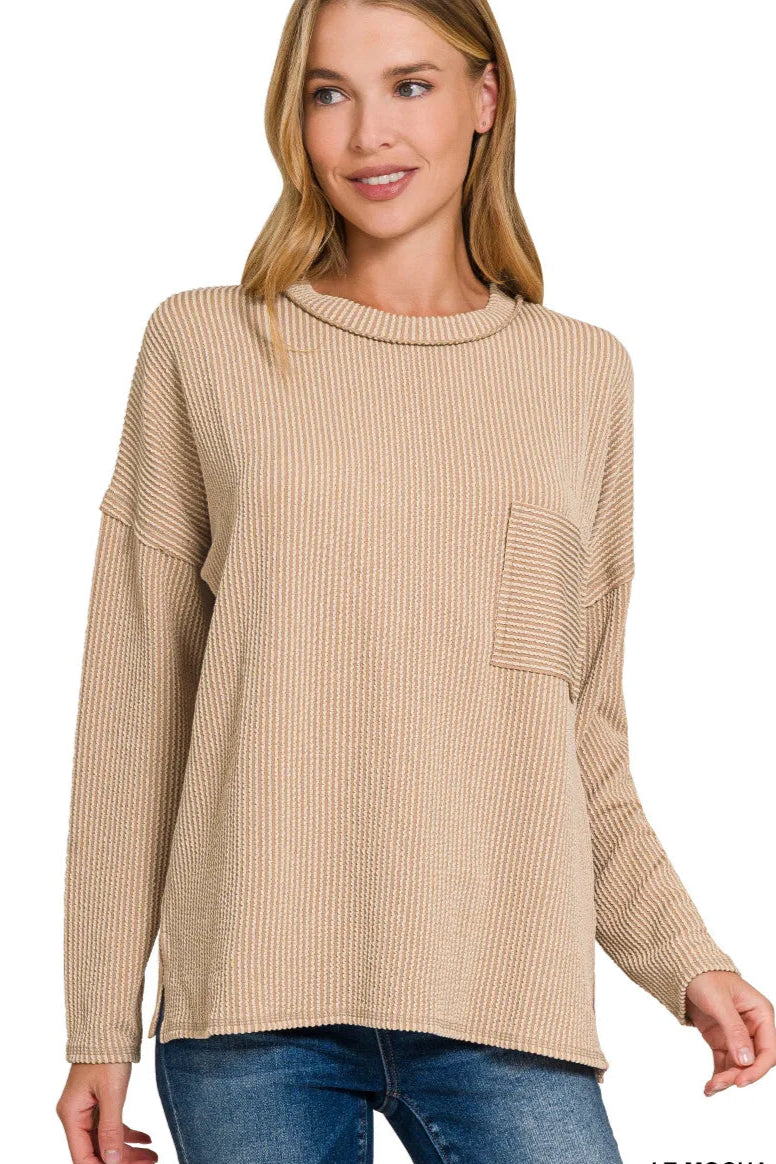 Sarah Express Women’s Long Sleeve Drop Shoulder Ribbed Top Casual All-Season