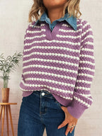Sarah Express Women's Contrast Striped Sweater with Denim Collar - Openwork Knit Pullover