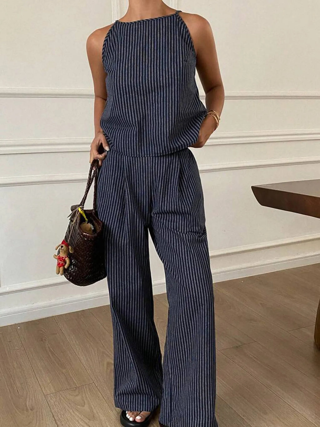 Sarah Express Women's Striped Round Neck Tank and Wide Leg Pants Set Navy