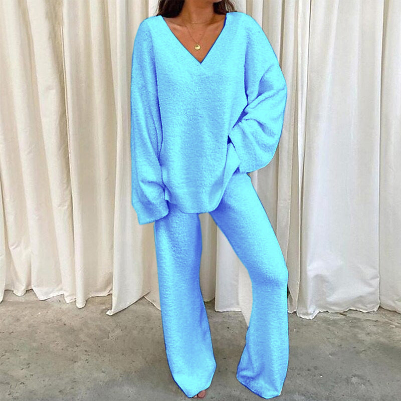 Women's V-Neck Long Sleeve Two-Piece Lounge Set with Pants