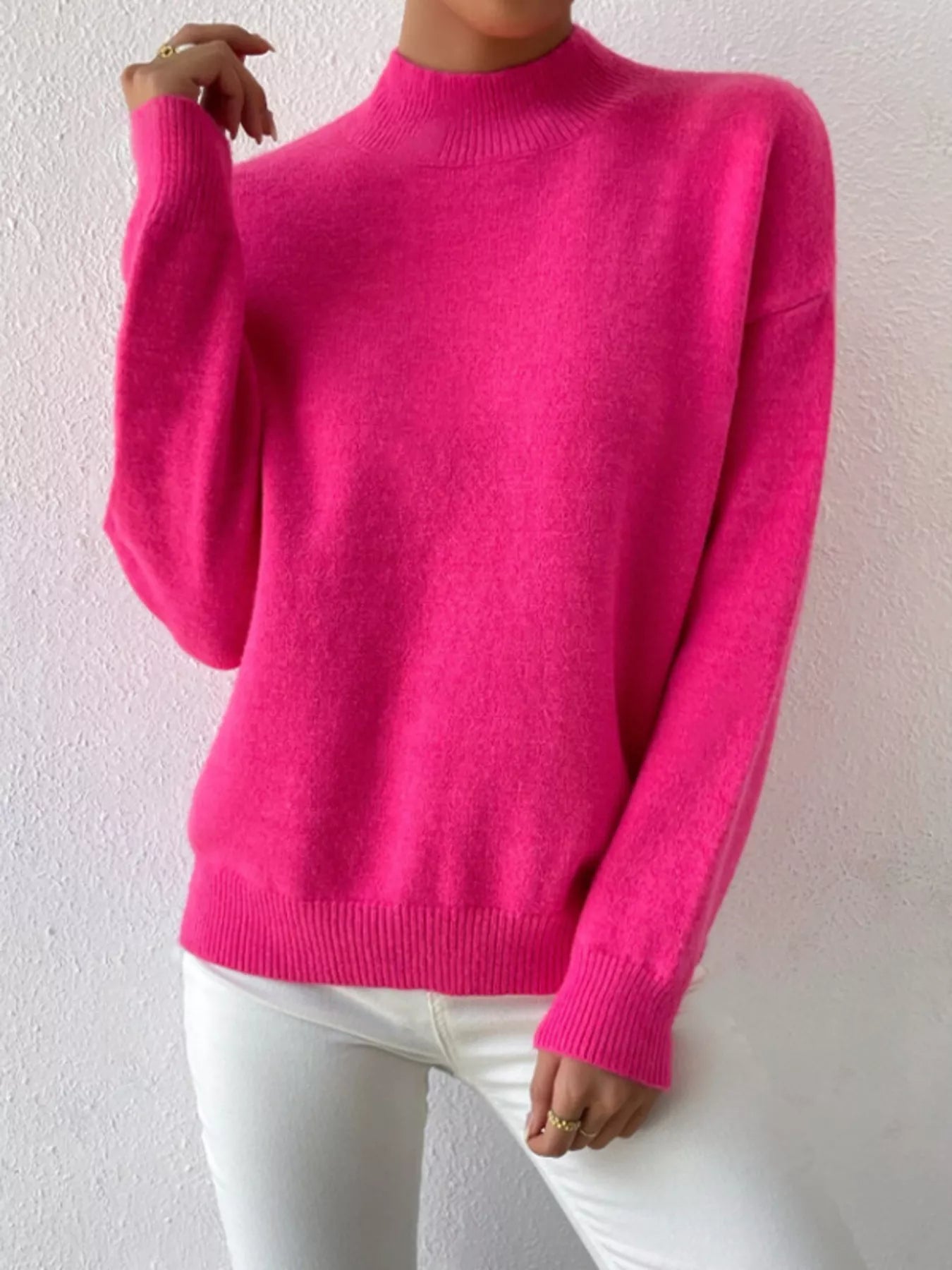 Sarah Express Women's Mock Neck Dropped Shoulder Sweater Fuchsia Pink