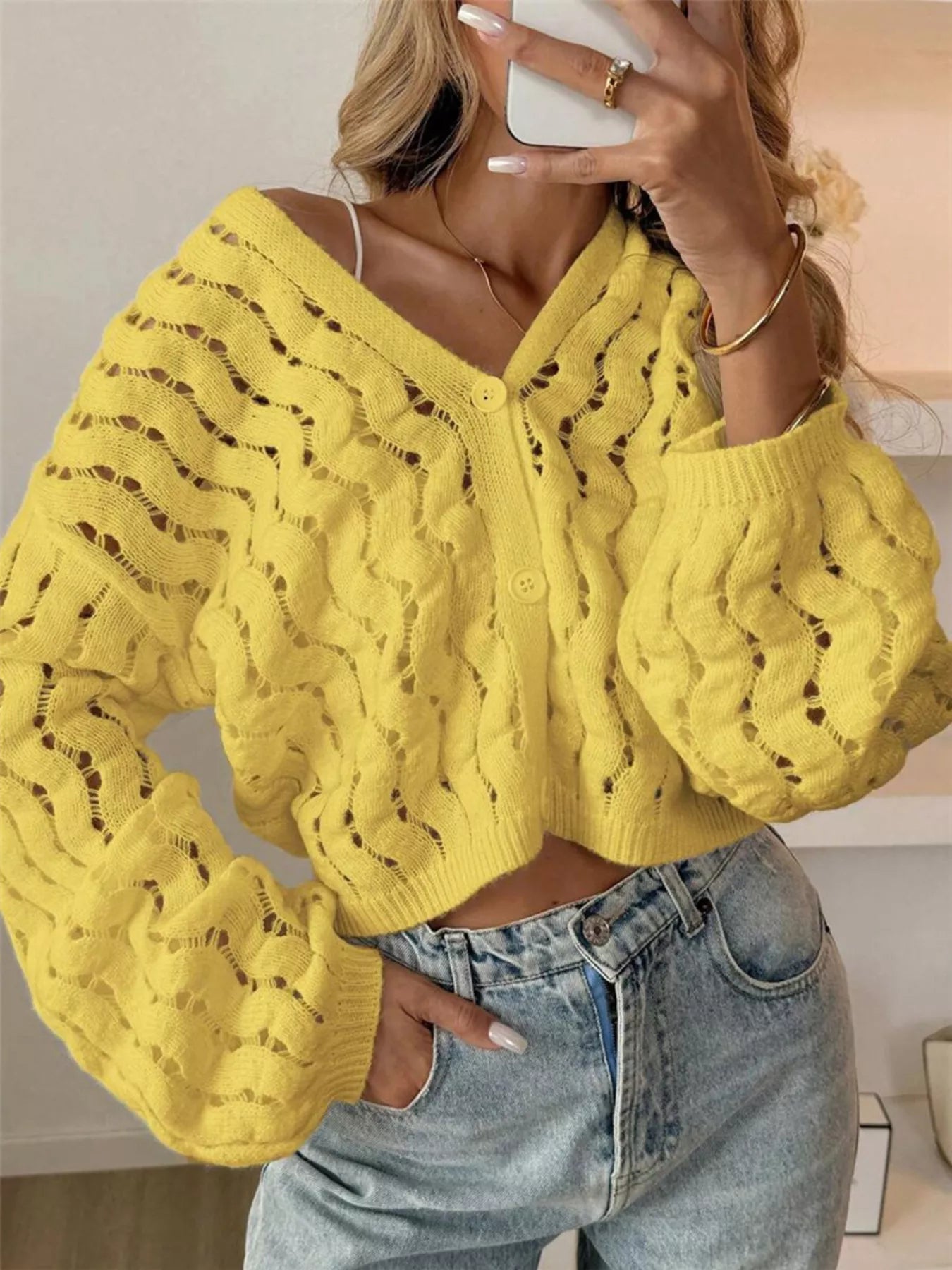 Sarah Express Women's Openwork Button Up V-Neck Cardigan Yellow