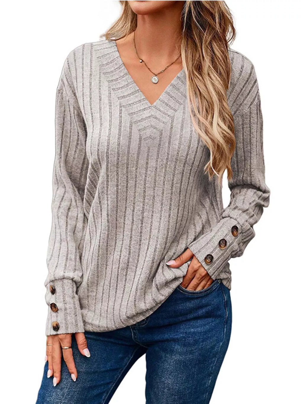 Sarah Express Women's Ribbed V-Neck Long Sleeve Top