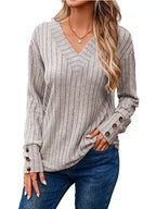 Sarah Express Women's Ribbed V-Neck Long Sleeve Top
