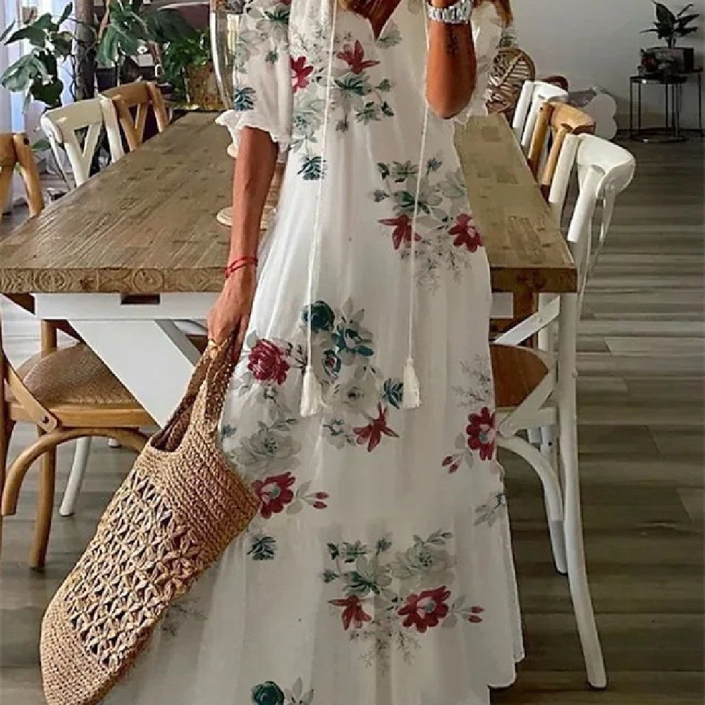 Women's Floral Print V-Neck Maxi Dress Short Sleeve A-Line Pullover