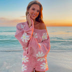 Women's Embroidered Floral 2-Piece Sweater Set Wide Leg Shorts