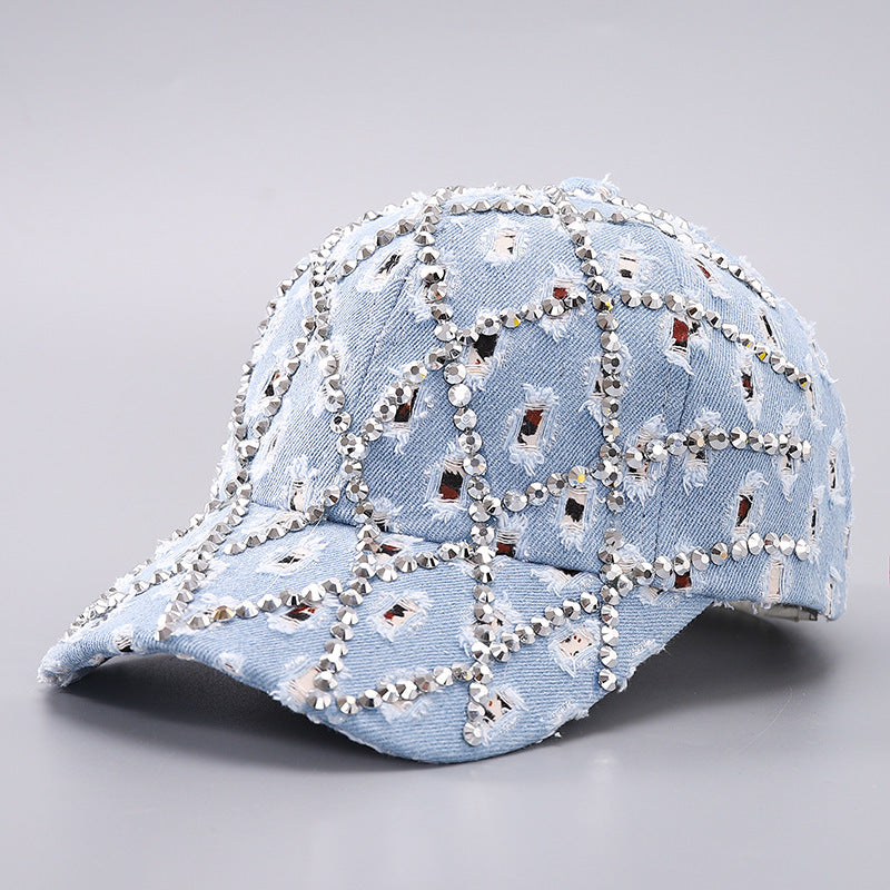 Rhinestone Leopard Denim Baseball Cap Distressed Cotton Adjustable Hat