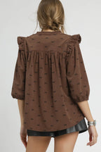 Sarah Express Women’s Bow Print Corduroy Blouse with Puff Sleeves and Ruffles