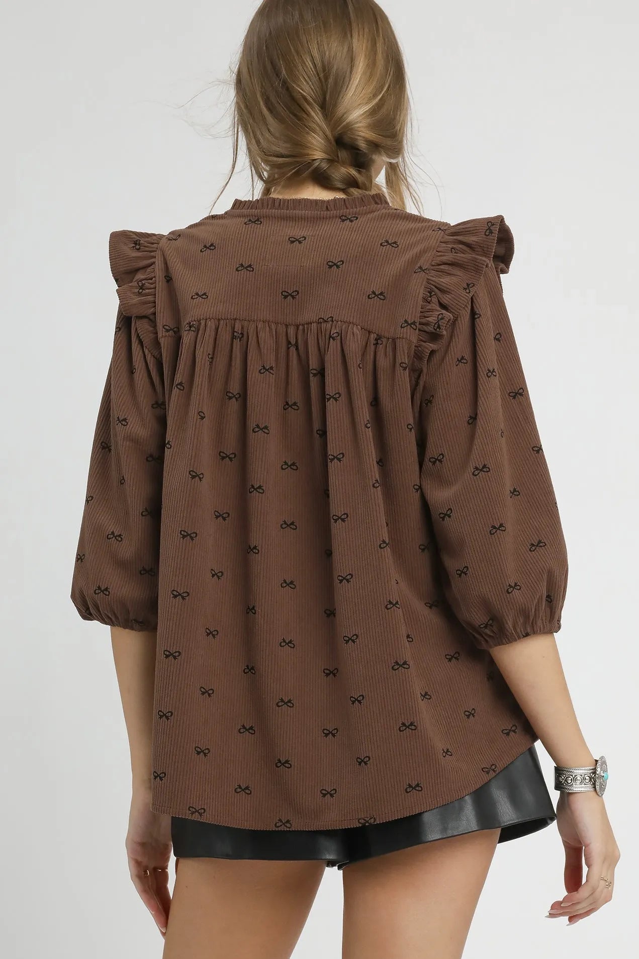 Sarah Express Women’s Bow Print Corduroy Blouse with Puff Sleeves and Ruffles