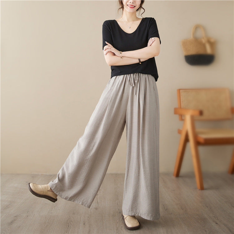 Women's Plus Size Wide Leg Pants Elastic Waist Straight Cotton Casual Trousers