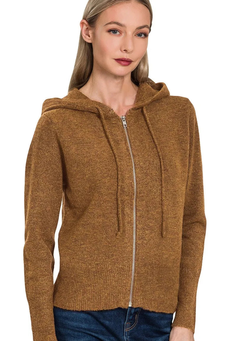 Sarah Express Women’s Camel Zip-Up Hooded Sweater Cardigan