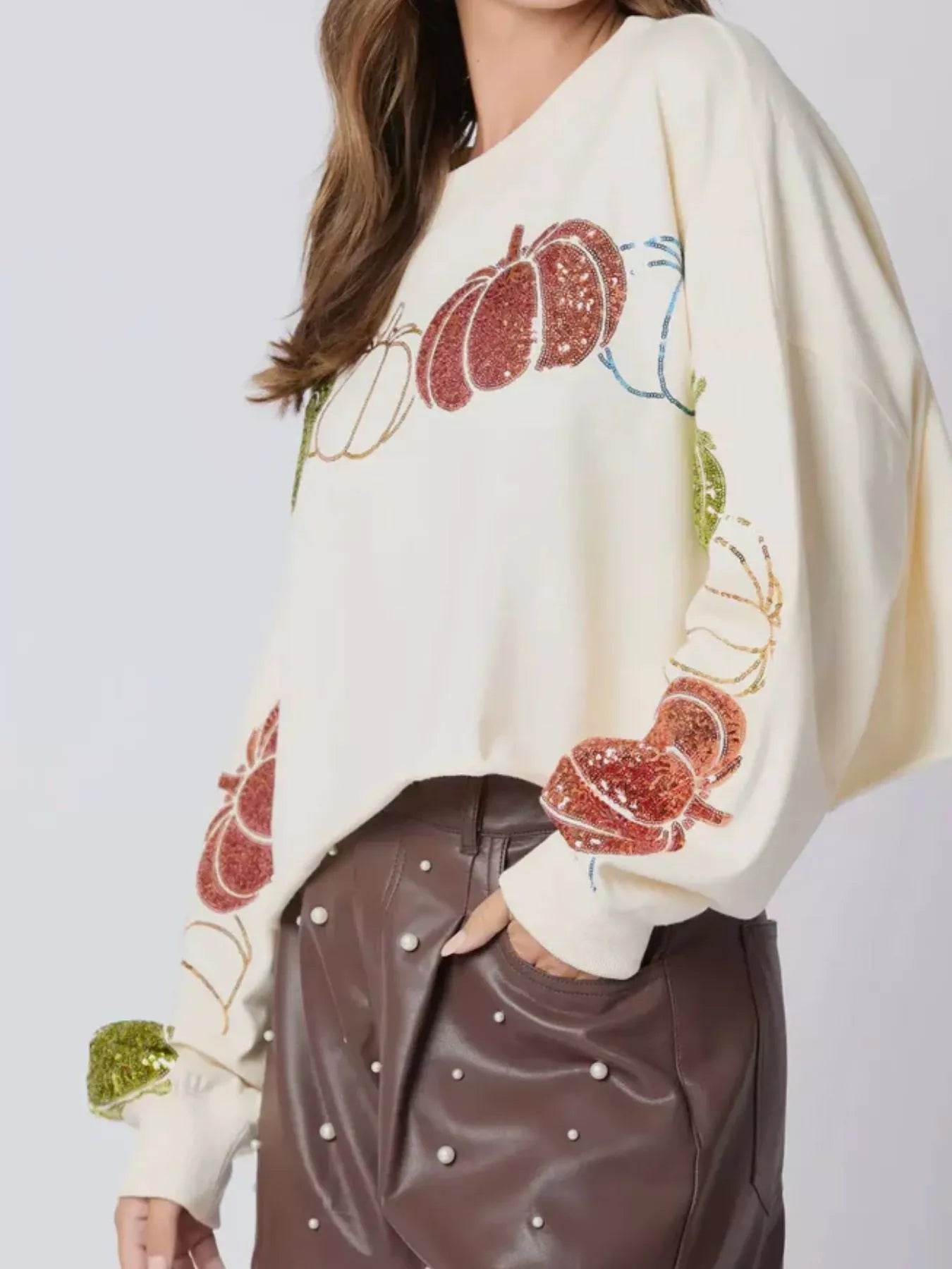 Sarah Express Women's Sequined Pumpkin Halloween Crop Sweatshirt