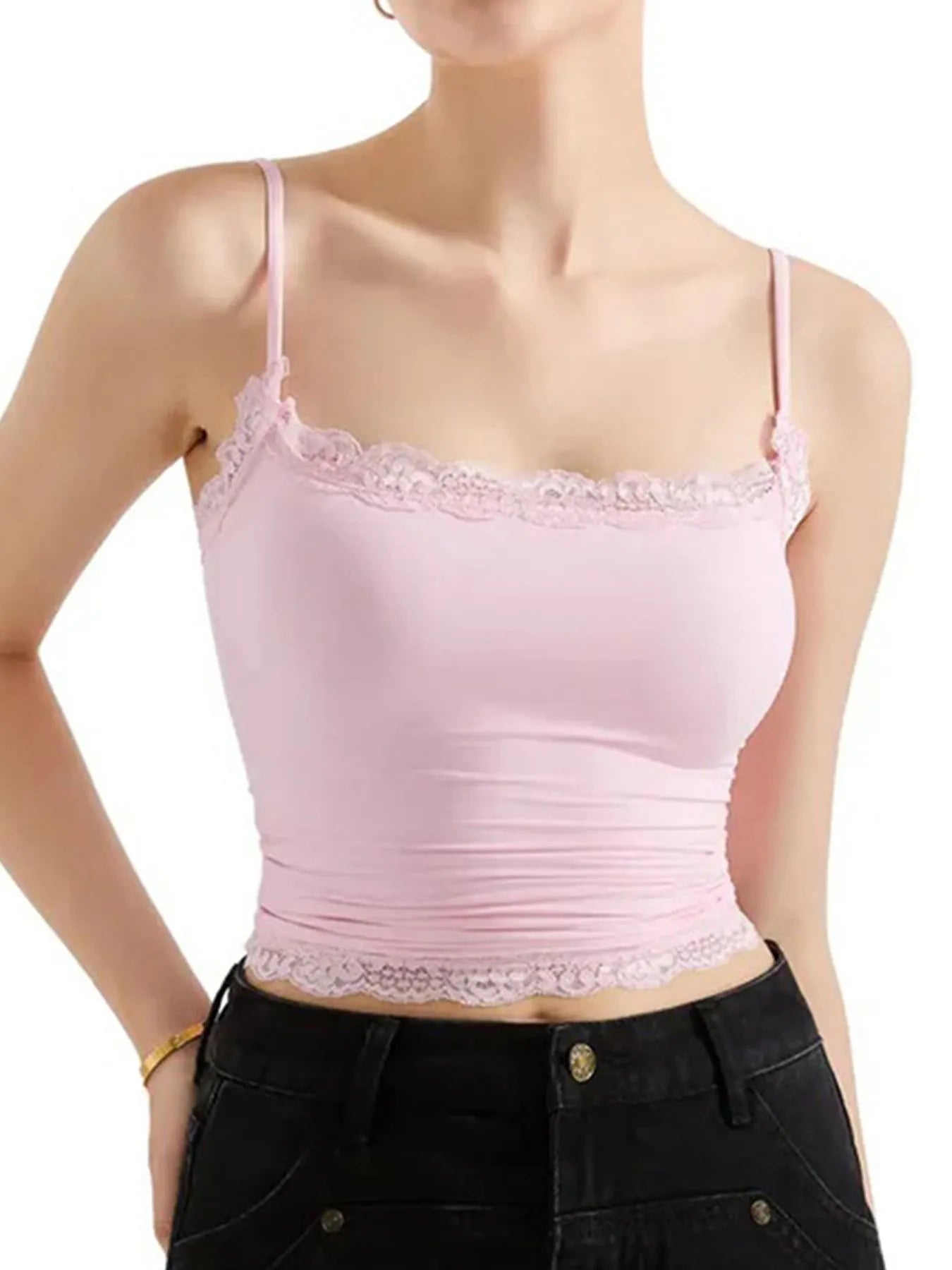 Sarah Express Women's Lace Trim Cami Top - Elegant Sleeveless Tank Pink