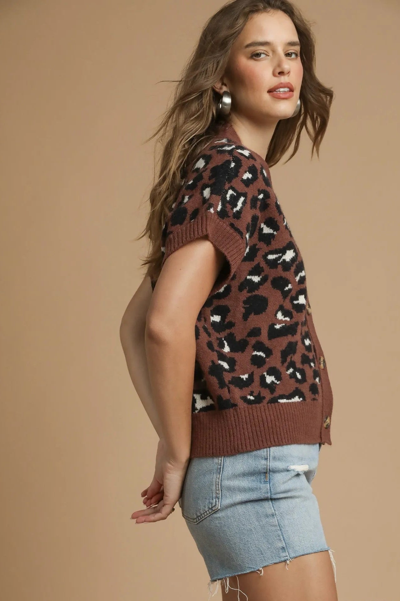 Sarah Express Women’s Leopard Print Knit Cardigan Button-Down Casual All-Season