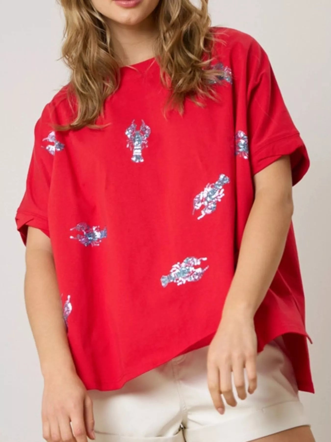 Sarah Express Women's Sequin Lobster Round Neck T-Shirt Red
