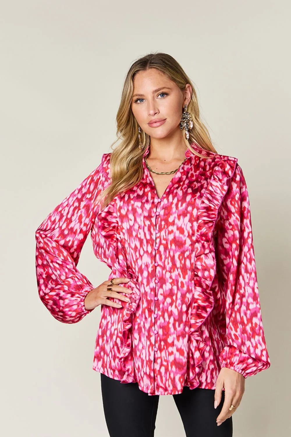 Sarah Express Women's Printed Ruffle Trim Balloon Sleeve Shirt - Buttoned Blouse Top Hot Pink