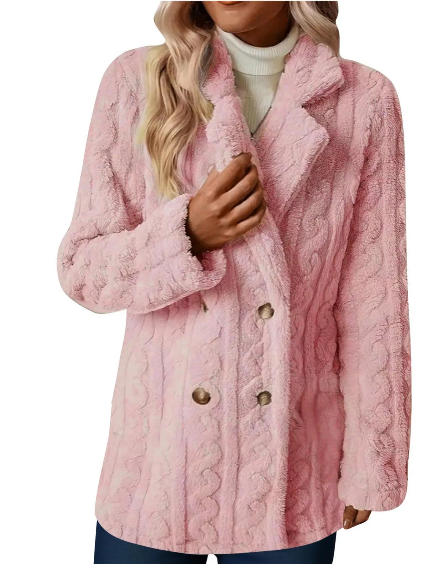Sarah Express Women's Double-Breasted Fleece Longline Coat Pink