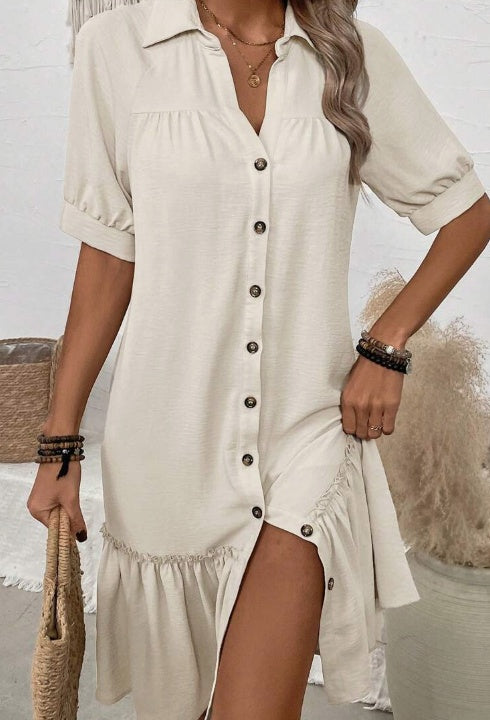 Women's Button-Up Shirt Dress Turn-Down Collar Ruffle Hem