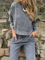 Sarah Express Women's Full Size Washed Round Neck Top and Drawstring Pants Set Plus Size