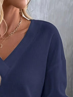 Sarah Express Women's Plus Size V-Neck Long Sleeve Waffle Knit T-Shirt