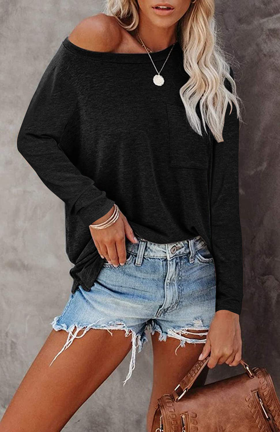 Women's Long Sleeve Pocket T-Shirt Split Hem Casual Cotton Blend Top